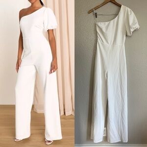 NWOT Cheerful Captivation White One-Shoulder Wide-Leg Jumpsuit